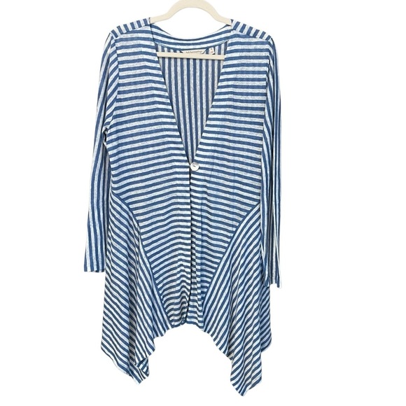 Soft Surroundings Stripe Linen Tunic Cardigan Blue White Medium Coastal Vacation - Picture 1 of 6